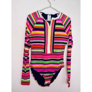 Trina Turk One Piece Rash Guard  Large Multicolor New Striped Long Sleeve Zip
